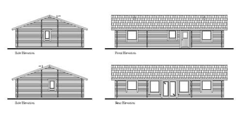 Log Cabin planning drawing with elevations